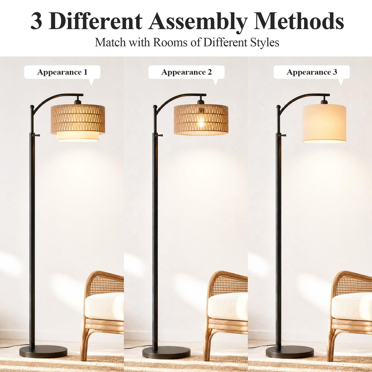 Boho Floor Lamp For Living Room With 3 Color Temperature and Remote (Beige Black)