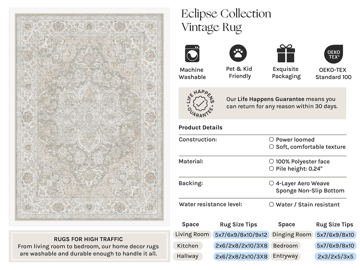 Grey Beige 5x7 Washable Area Rugs Vintage Indoor Carpet (E| Grey Beige / 5' x 7' (Rectangular))