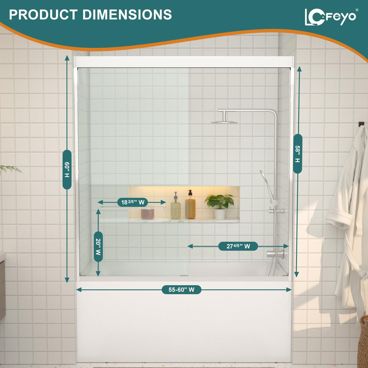 Double Sliding Glass Bathtub Shower Door 55 (Chrome / 60''x62'')