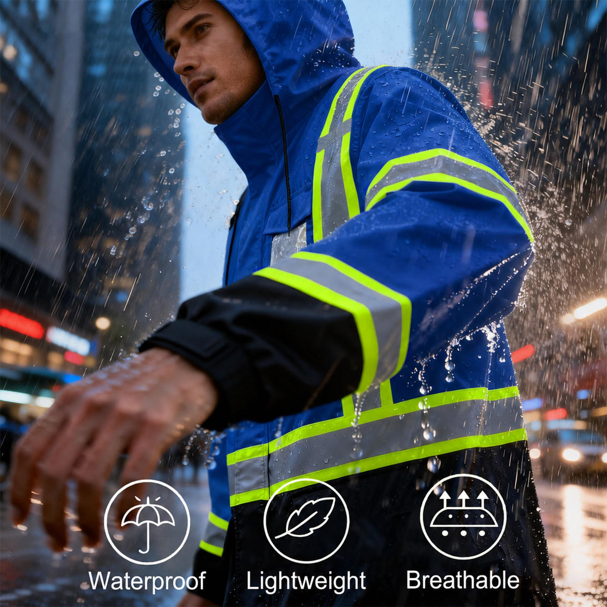 High Visibility Reflective Rain Jacket for Men (XX-Large-3X-Large / Blue)