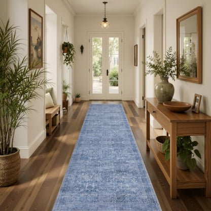 Runner Rug 2x8 Washable Vintage Floral Rug (Dusk Blue / 2' x 8' (Rectangular))