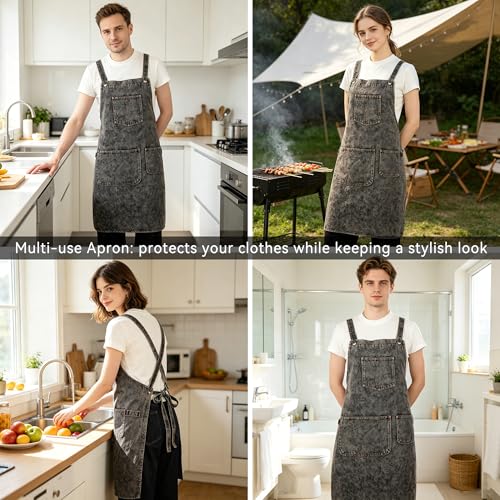 Denim Apron with Pockets and Adjustable Cross Straps for Hair Stylist Salon Nail Tech Barber Women Jean Aprons