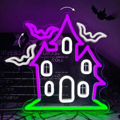 Haunted House with Flying Bat Halloween Neon Sign Dimmable Led Wall Decor (Haunted House)