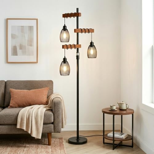 3 Lights Wood Floor Lamp for Bedroom
