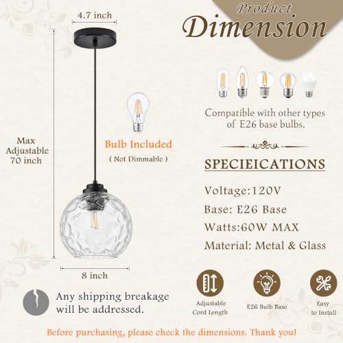 8" Modern Pendant Lights Kitchen Island Black Mid Century Modern Pendant Light Fixtures with Clear Glass Globe 2 Pack Modern Hanging Pendant Light for Bathroom Dining Room （Bulb Incl.） (Black & Hammered Glass / 8 Inch)