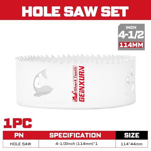 4-1/2 Inch(114mm) Hole Saw, 1PC HSS Bi-Metal Hole Saw Kit with Shark Tooth Hole Cutter for Wood,Drywall, PVC Boards and Thin Metal (1 PCS 4-1/2")
