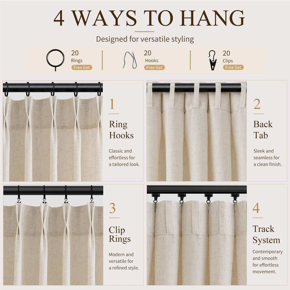 Cream Pinch Pleated Linen Curtains 120 Inch Long for Living Room (Linen / 40"W x 120"L (Pack of 2))