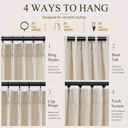 Cream Pinch Pleated Linen Curtains 120 Inch Long for Living Room (Linen / 40"W x 120"L (Pack of 2))