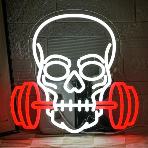 Skull Barbell Halloween Neon Sign for Wall Decor Halloween Neon Light Red Dumbbell LED Sign Fitness Neon Light Sign Gym Neon Light for Halloween Man Caves Bar Game Room Fitness Club Decoration (Dumbbell Skull)