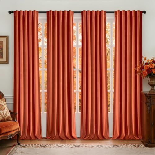 Fall Burnt Orange Velvet Curtains 4 Panels Set Back Tab 40" x 96" (Burnt Orange / 40"W x 96"L (Pack of 4))