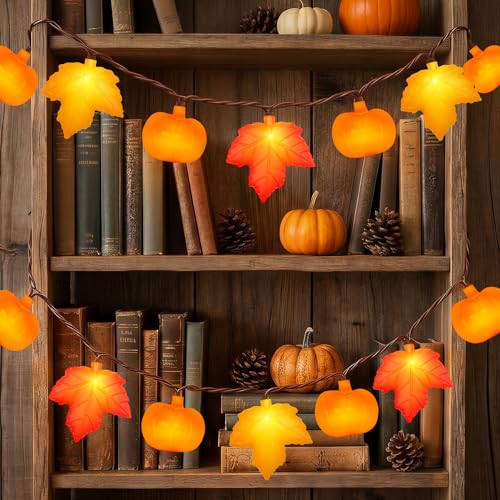 Fall String Lights (Orange Yellow Leaf + Orange Pumpkin / 8.5 Feet, 10 LED)