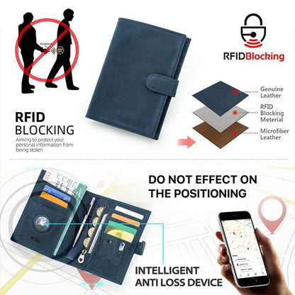 Full Grain Leather Passport Holder Compatible with Airtag RFID Blocking Passport Wallet Travel Slim Passport Cover with SIM Card Removal Tool (Blue / Plain- Snap)
