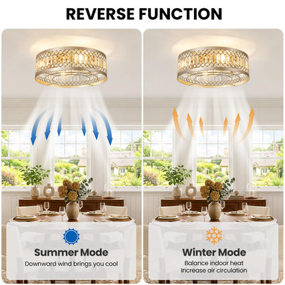 Caged Ceiling Fan with Lights 20" Crystal Gold Fandelier Low Profile Ceiling Fan with Remote Flush Mount Enclosed Bladeless Chandelier Fan Light for Bedroom Kitchen Living Room (Gold B)