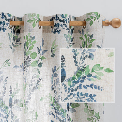 Floral Linen Curtains 90 inch Long 2 Panels Set Leaf Patterned Semi Sheer Light Filtering Privacy Farmhouse Grommet Drapes for Living Room Bedroom (B-green / 52"W x 90"L (Pack of 2))