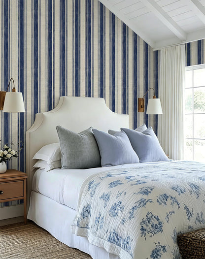 Wallpaper Peel and Stick Blue and Cream White Striped 17.3"x393" Vintage Hand (Blue and Cream White / 17.3" x 393")