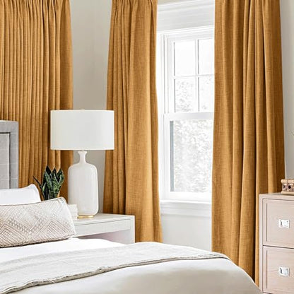 100% Blackout Linen Curtains for Bedroom 52x84 Inches Mustard Yellow (Mustard Yellow / 52"W x 84"L (Pack of 2))
