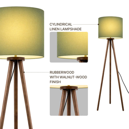 60.6 Inch Walnut Wood Tripod Floor Lamp with Linen Drum Shade (Green)