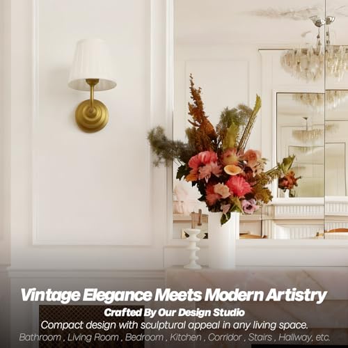 Vintage Wall Sconce Light Brass Gold Bathroom Vanity Light with Cotton Fabric Shade Hardwire Wall Sconce Lamp for Bedroom Living Room Bathroom Hallway Indoor