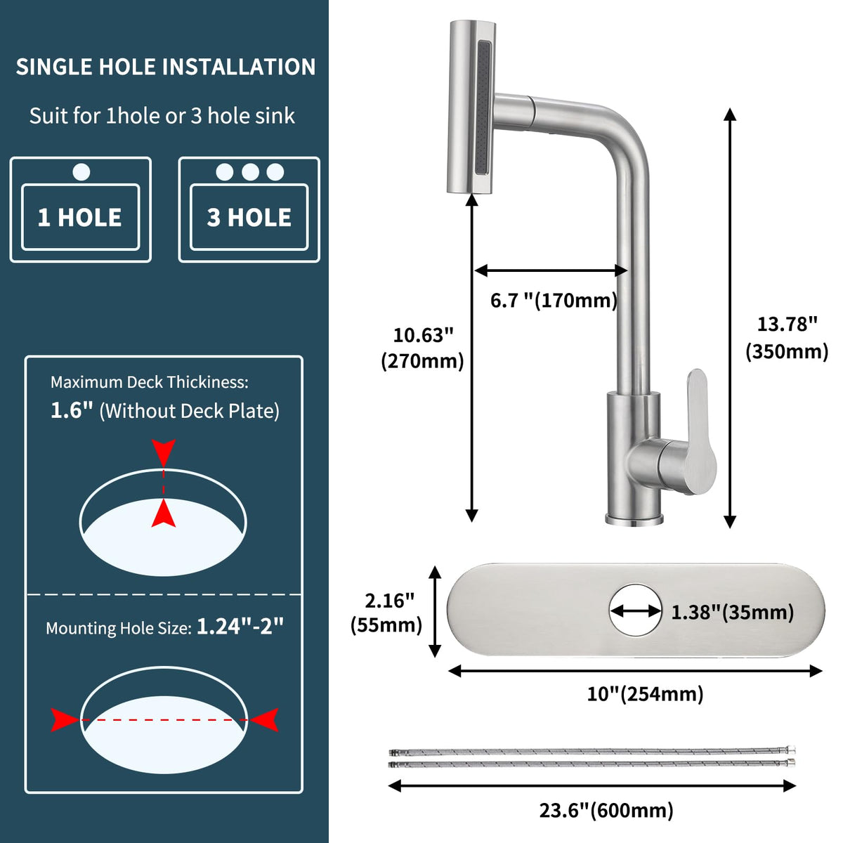 Kitchen Faucet with Pull Down Sprayer SUS304 Stainless Steel Waterfall Kitchen Sink Faucet 4 Functions Brushed Nickel Pull Out Kitchen Sink Faucets Utility Rv for 1 or 3 Hole Sink (4 Function Kitchen Faucet-Brushed Nickel)