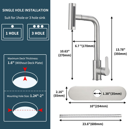 Kitchen Faucet with Pull Down Sprayer SUS304 Stainless Steel Waterfall Kitchen Sink Faucet 4 Functions Brushed Nickel Pull Out Kitchen Sink Faucets Utility Rv for 1 or 3 Hole Sink (4 Function Kitchen Faucet-Brushed Nickel)