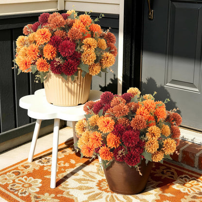 Artificial Mums Flowers for Outdoors Outside Decorations (6 Orange,6 Burnt Orange,6 Red,6 Yellow / 24PCS)