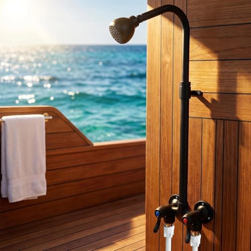 Outdoor Shower Kit Dual Handle Extendable Exposed Pipe Outdoor Shower Fixtures System with ABS Showerhead Solid Brass 4 Inch Center Mix Valve