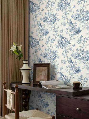 Blue Floral Bird Peel and Stick Wallpaper