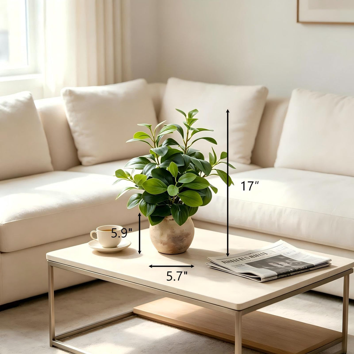 Fake Faux Potted Plant Ficus Ceramic Pot Rustic Home Decor (Green Fig Leaf Plant 17" H)