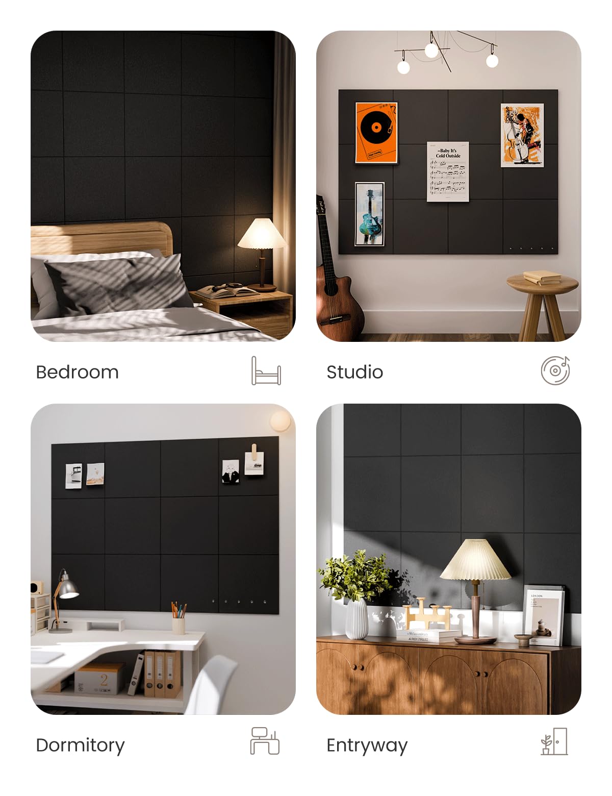 Felt Bulletin Board & Cork Board Alternative 48'' x 36'' (Black-1 / Solid tile 12-pack)
