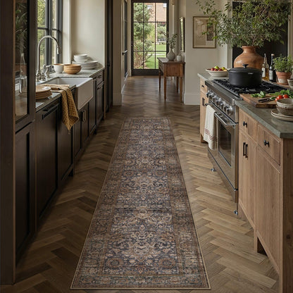 Hallway Runner Rugs 3x8 Blue Brown Vintage Rug (Retro | Blue Brown / 3' x 8' (Runner))