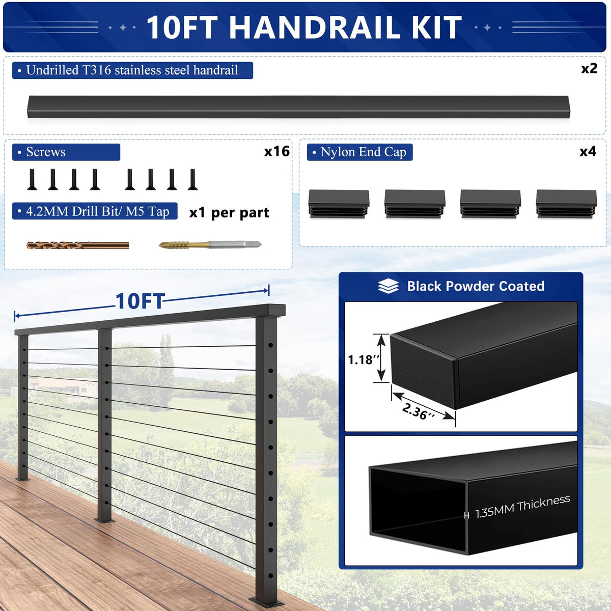 10FT Marine Grade Stainless Steel Black Handrail (10 Feet)