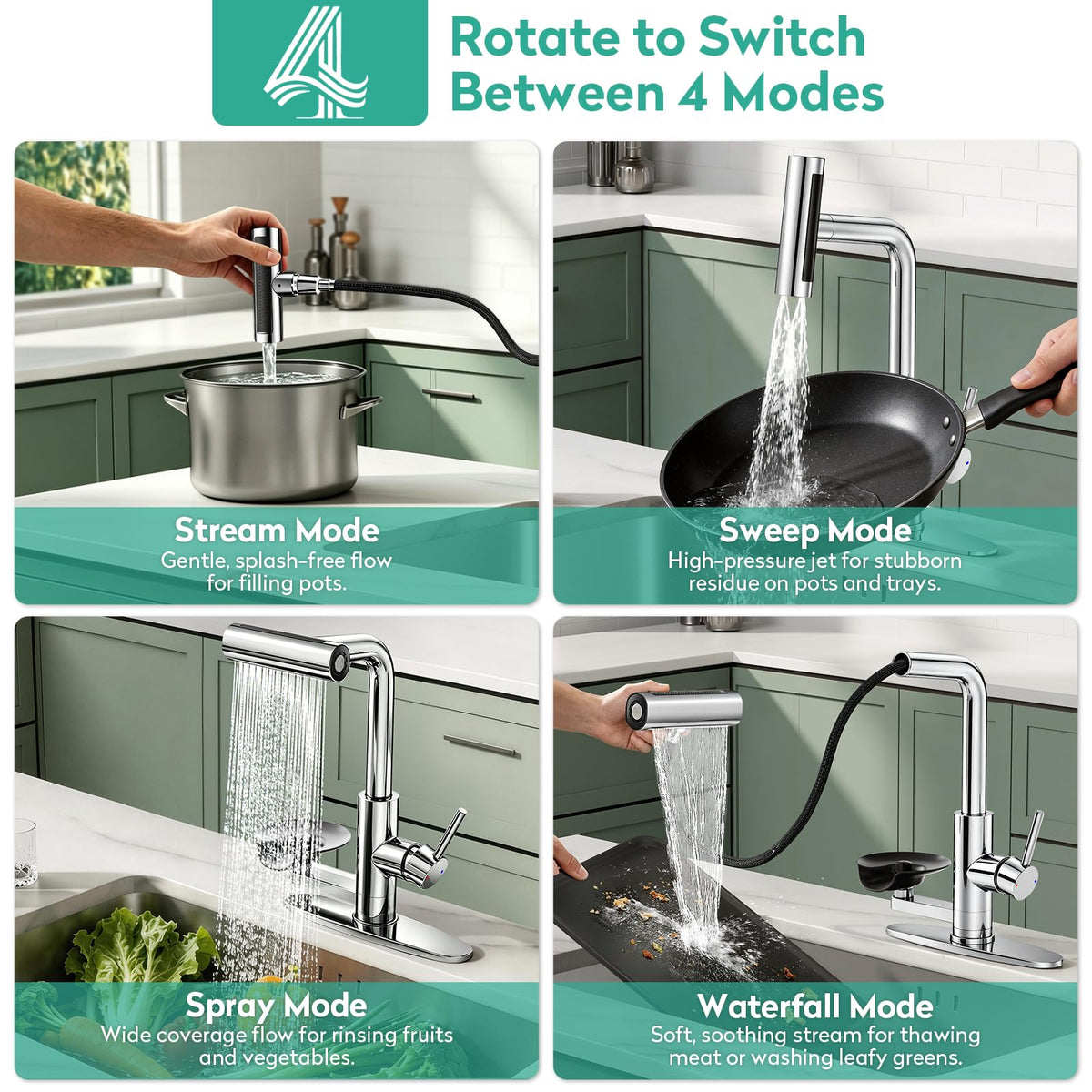 Waterfall Kitchen Faucet with Pull Down Sprayer & Cup Washer Chrome (Chrome)