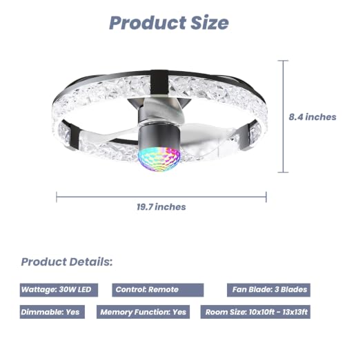 19.7" Acrylic Crystal Ceiling Fan with RGB Water Ripple Light