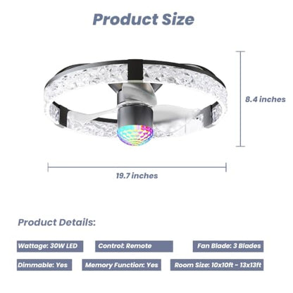 19.7" Acrylic Crystal Ceiling Fan with RGB Water Ripple Light