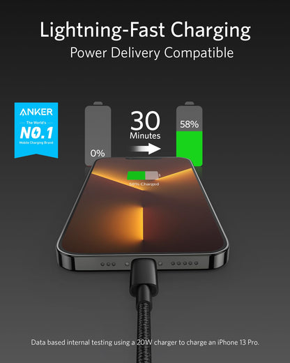 New Nylon USB C to Lightning Cable (6FT / Black)