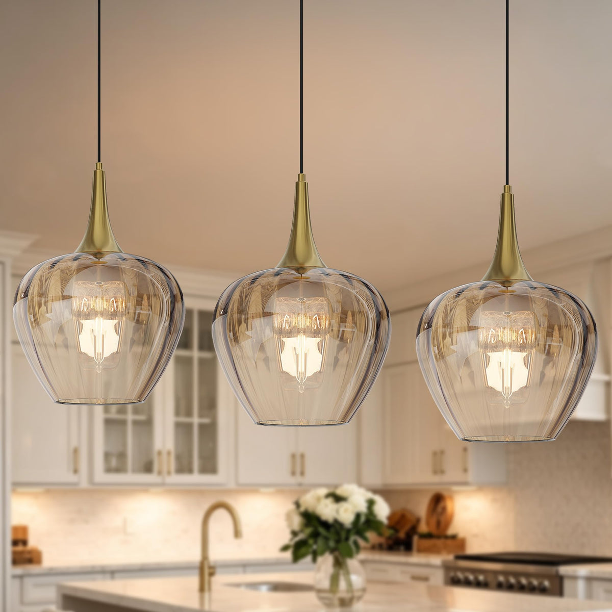 Gold Pendant Lighting for Kitchen Island (Gold & Amber Glass - 3 Pack)