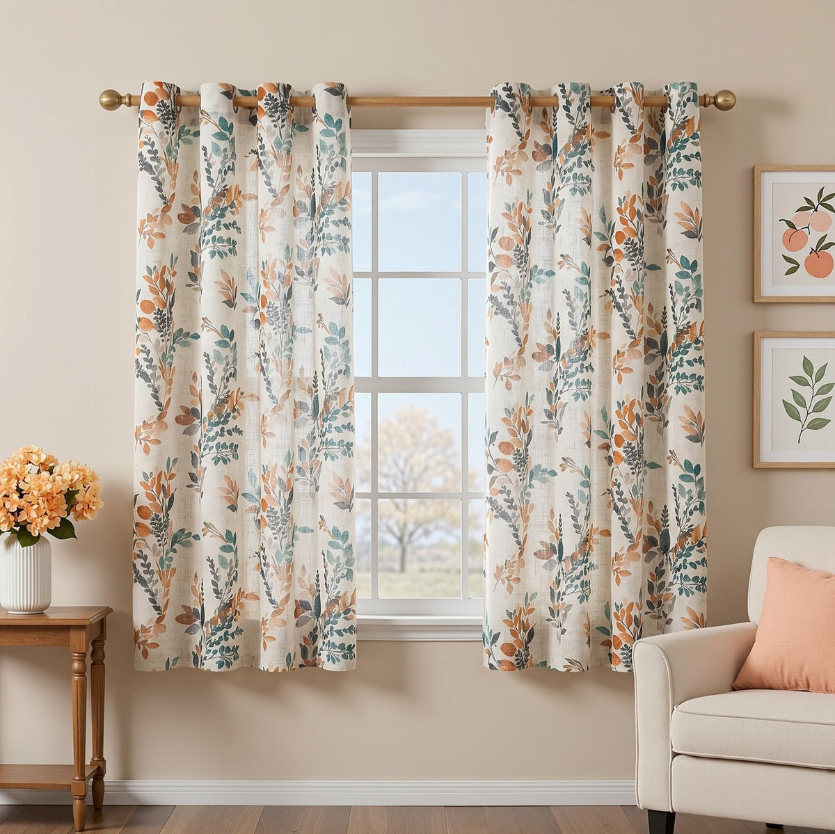Floral Linen Curtains 72 inch Long 2 Panels Set Leaf Patterned Semi Sheer Light Filtering Privacy Farmhouse Grommet Drapes for Bedroom (B-burnt Orange / 52"W x 72"L (Pack of 2))