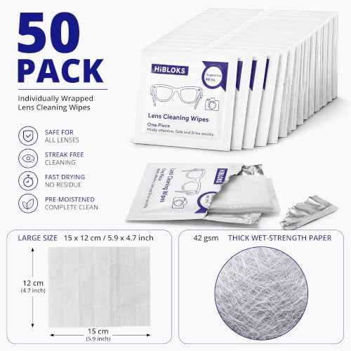 HiBloks Thick Lens Wipes and 2 Cleaning Cloths for Meta Glasses 50