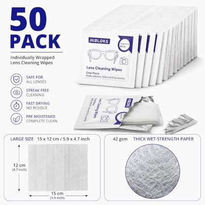 HiBloks Thick Lens Wipes and 2 Cleaning Cloths for Meta Glasses 50