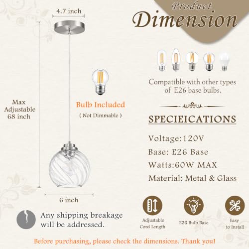 6" Nickel Globe Pendant Light Ribbed Glass Pendant Lights Kitchen Island Height Adjustable Mid (Nickel & Fluted Glass / 6 Inch)