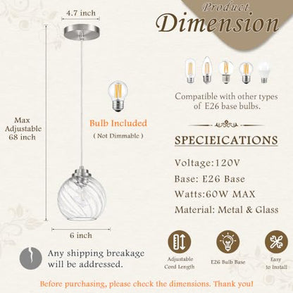 6" Nickel Globe Pendant Light Ribbed Glass Pendant Lights Kitchen Island Height Adjustable Mid (Nickel & Fluted Glass / 6 Inch)