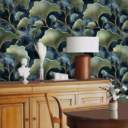 Dark Blue Ginkgo Leaf Peel and Stick Wallpaper (17.7" x 118")