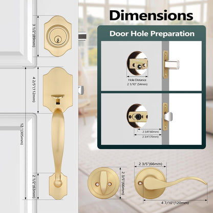 Gold Double Front Door Handle Set (Satin Brass)