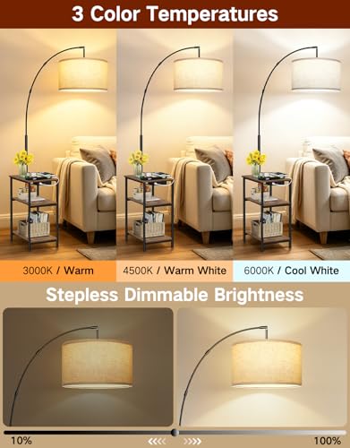76'' Tall Arc Floor Lamp with Table & Remote (Rustic Brown With Beige Shade)