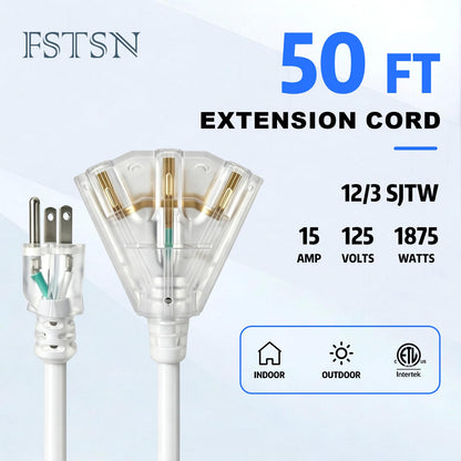50FT 12 Gauge Extension Cord 3 Outlet (White / 50FT)