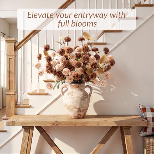16 PCS Silk Mums Artificial Fall Flowers with Eucalyptus for Vase (Beige Brown)