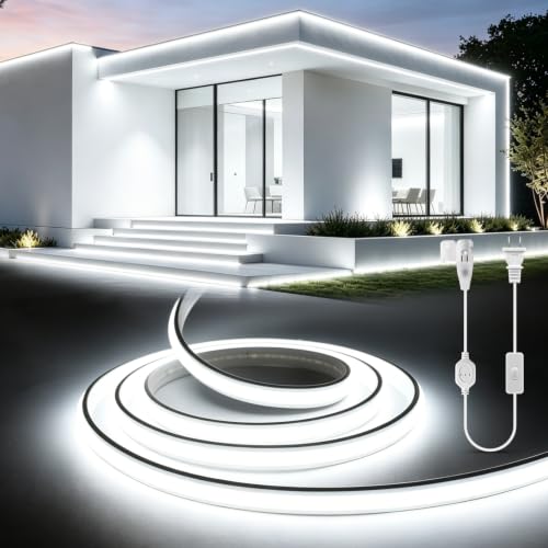 110V Neon COB LED Strip Lights 32.8Ft 6500K White Cuttable Self (White)