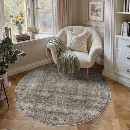 Round Rug 4ft Brown Grey Vintage Washable Circle Rug for Entryway Kitchen (4'(Round) / Antique/Moss)