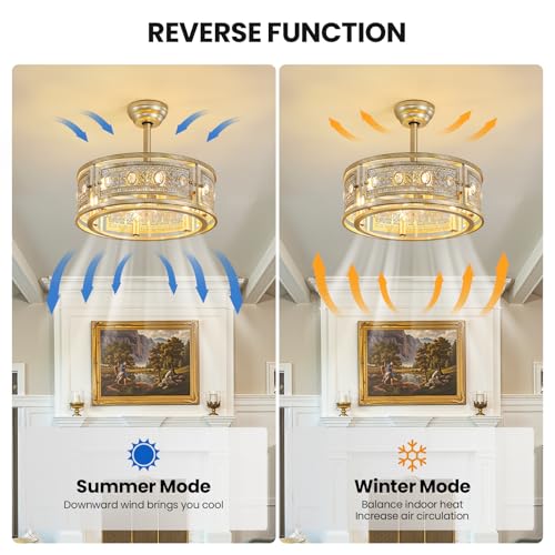 Farmhouse Fandelier Ceiling Fan with Lights 19 Inch Gold Rustic Vintage Crystal Ceiling Fan Antique Fandelier Semi Flush Mount Bladeless Chandelier Fan for Bedroom Living Room Dining Room (Gold / Downrod)