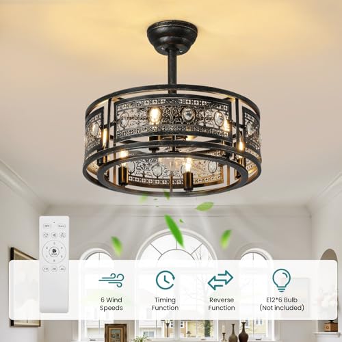 Farmhouse Fandelier Ceiling Fan with Lights 19 Inch Black Rustic Vintage Crystal Ceiling Fan Antique Fandelier Semi Flush Mount Bladeless Chandelier Fan for Bedroom Living Room Dining Room (Black / Downrod)